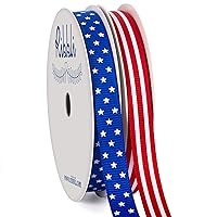 Ribbli 2 Rolls Patriotic Grosgrain Ribbon,3/8 Inches,Total 20 Yards,Red/White/Blue,Stars and Stripes Ribbon,Use for Memorial Day, Veterans Day, 4th of July, President's Day, USA Decorations