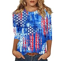 Women's Blouses 3/4 Sleeve Summer 4Th of July Plus Size Tops American Flag Graphic Tees Trendy Crew Neck T Shirts