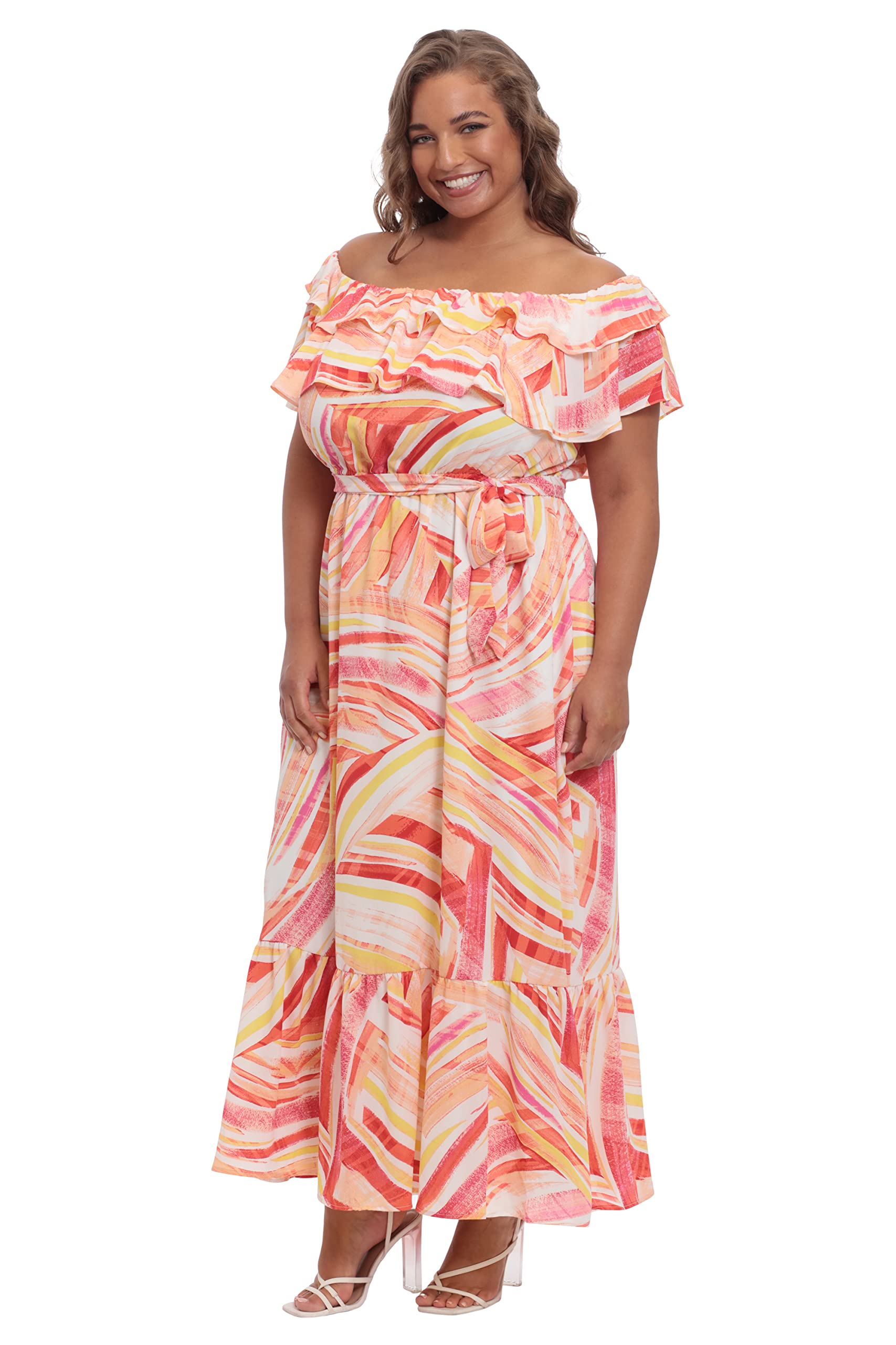 Donna Morgan Women's Maxi Dress with Off The Shoulder Ruffle and Bottom Skirt Tier