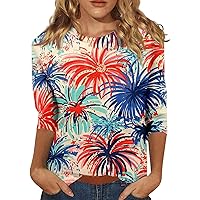 Womens Tops Summer Casual 3/4 Length Sleeve Loose Shirts 4Th of July Flag Tshirt Crewneck Blouse Graphic Tee Tunics