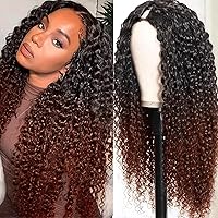 haha Reddish Brown Ombre Curly Wig Human Hair V Part Wig No Leave Out Upgrade Thin U Part Ombre Wig For Women Black to Burgundy Brown Wig Colored Brazilian Virgin Hair 26 Inch 150% Density Two Tones