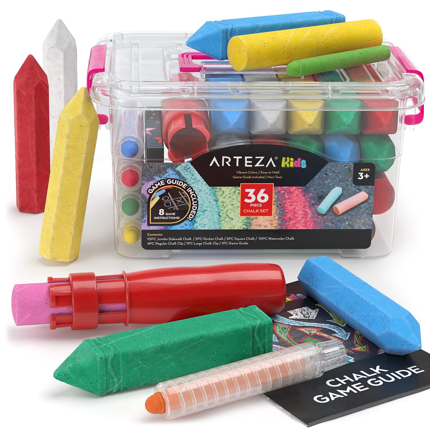 Arteza Kids Sidewalk Chalk, Set of 36 Pieces, Easy-to-Hold Handmade Washable Chalk with a Game Guide, Art Supplies for Outdoors, Spring and Summer Activities, and Chalkboard Art