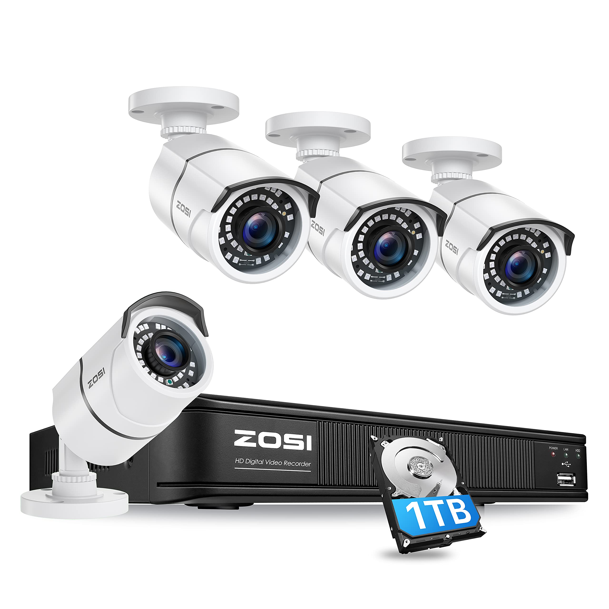 ZOSI Full 1080p H.265+ Security Camera Security System, 5MP Lite 8 Channle 4-in-1 CCTV DVR Recorder with 1TB Hard Drive and 4 x 1080p Surveillance Bullet Camera Outdoor Indoor with 120ft Night Vision