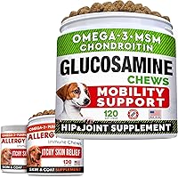 Glucosamine Treats + Allergy Relief Dog Bundle - Joint Supplement w/Omega-3 Fish Oil + Itchy Skin Relief - Chondroitin, MSM + Pumpkin + Enzymes + Turmeric - Skin & Coat - 120+240 Chews - Made in USA