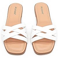 Ataiwee Women's Wide Width Flat Slide Sandals - Casual Cute Dressy Strappy Slip on Flat Summer Shoes.