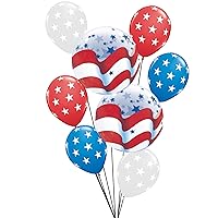 Patriotic Stars & Stripes July 4th Bouquet 9pc Balloons, Red White Blue