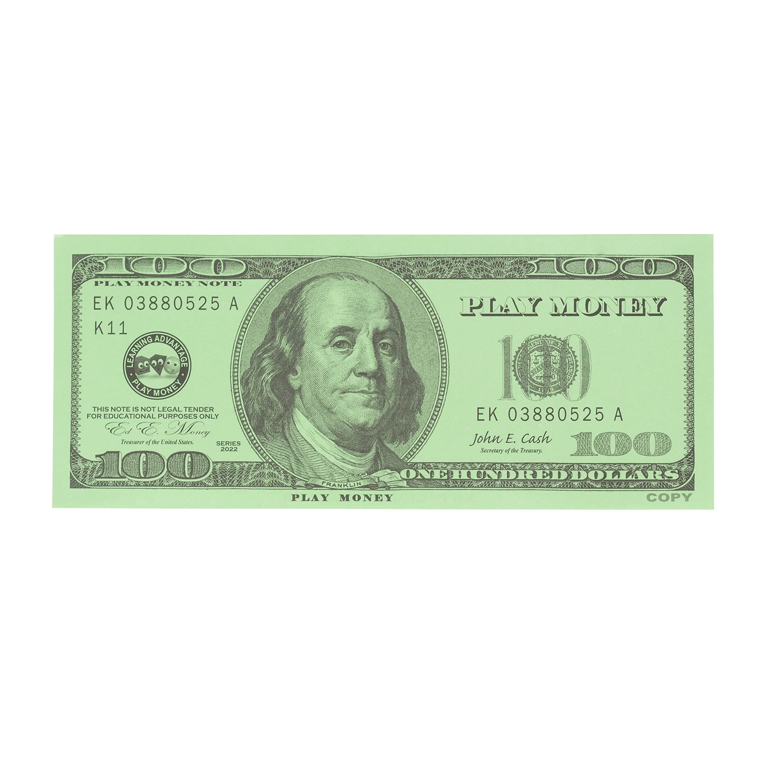 LEARNING ADVANTAGE One Hundred Dollar Play Bills - Set of 50 $100 Paper Bills - Designed and Sized Like Real US Currency - Teach Currency, Counting and Math with Play Money