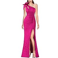 VFSHOW Womens 3D Flower One Shoulder Ruched Prom Formal Wedding Guest Maxi Dress 2023 Sexy Cocktail Split Cutout Evening Gown