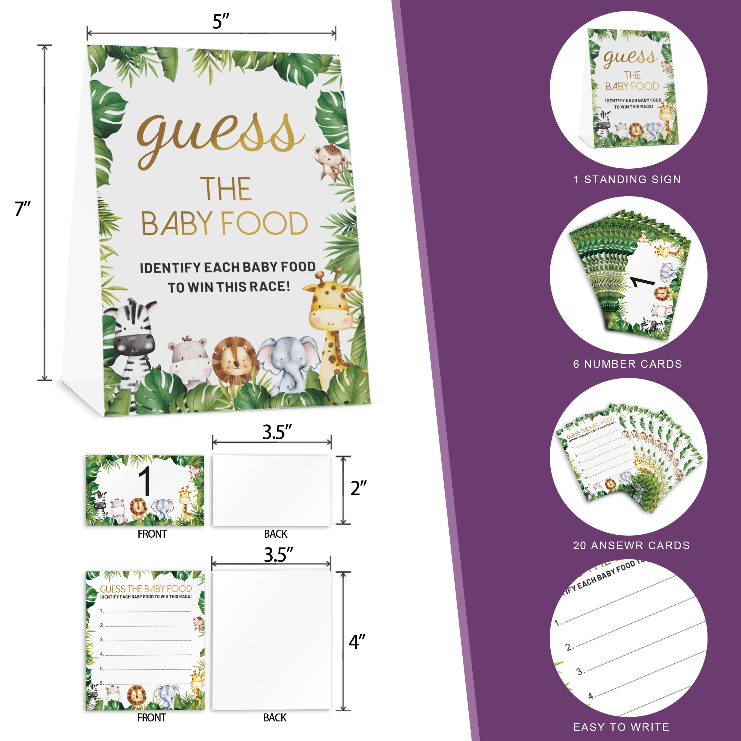 Guess The Baby Food Party Games Sign，Safari Forest Animal Baby Shower Game Set (1 Standing Sign + 20 Answer Cards + 6 Number Cards)，Neutral Baby Bathing Game