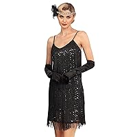 kayamiya Women's Fringe Flapper Dress 1920s V Neck Spaghetti Strap Sequin Party Dress Roaring 20s Great Gatsby Costumes