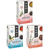 Numi Organic Tea Variety Pack, 18 Count Box of Tea Bags (Pack of 3), Jasmine Green, Aged Earl Grey & Rooibos Teas (Packaging May Vary)