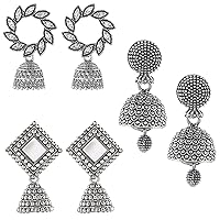 Stylish Silver Oxidised Combo Ethnic Small Jhumki/Jhumka Earrings for Women and Girls - 3 Pairs, Small, Alloy Steel, No Gemstone