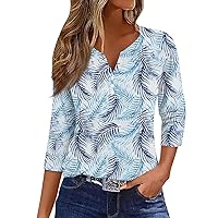 Women 3/4 Sleeve Tops 2024 Summer Fashion T Shirt Casual V Neck Pullover Button Printed Plus Size Blouse Tees