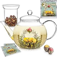 Heatproof Borosilicate Glass Teapot (34 oz) with Removable Loose Tea Glass Infuser – Includes 2 Blooming Teas – 2-in-1 Tea Maker