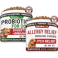 Probiotics + Allergy Relief for Dogs Bundle - Chewable Fiber Supplement + Itchy Skin Treatment - Digestive Enzymes + Omega 3 & Pumpkin - Upset Stomach Relief + Itch Relief- 360 Chews - Made in USA