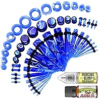 BodyJ4You 48PC Ear Stretching Kit 14G-00G - Aftercare Jojoba Oil Keloid Bump Drops - Marble Blue Acrylic Plugs Gauge Tapers Silicone Tunnels - Lightweight Expanders Men Women