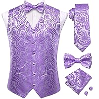 Hi-Tie Mens 5PCS Suit Vest Tie and Pre/Self Bowtie Set Silk Waistcoat Necktie Pocket Square Cufflinks Gifts Wedding Formal