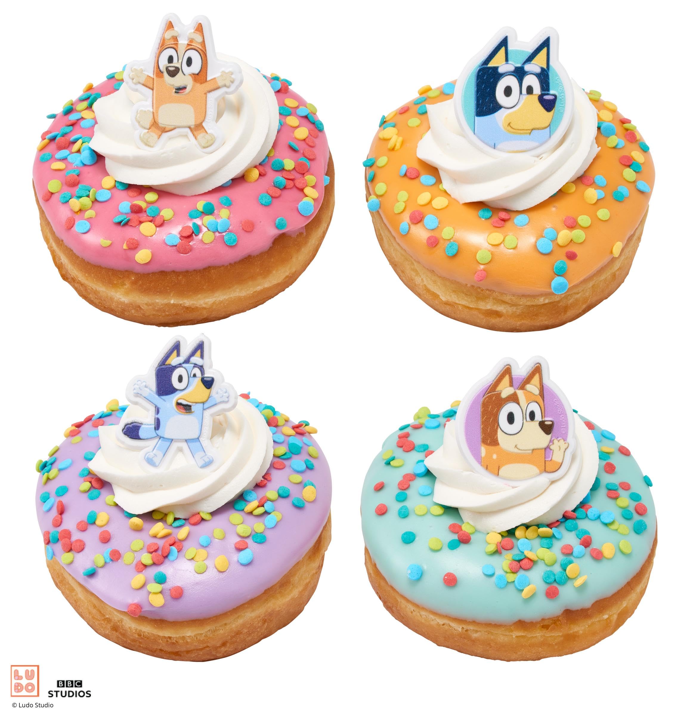 DecoPac Bluey So Much Fun Rings, Cupcake Decorations Featuring Bluey, Bingo, Bandit, and Chilli, 3D Food Safe Cake Toppers – 24 Pack