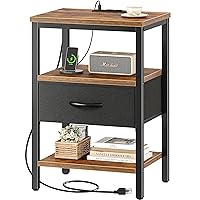 Nightstand with Charging Station, Bed Side Table with Adjustable Fabric Drawer, Night Stand for Bedroom, 3-Tier Storage End Table, for Living Room, Rustic Brown and Black