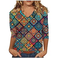 Shirts for Women Trendy, Glitter Tops for Women Green Blouse Women's 3/4 Sleeve Shirt Ladies Fashion V-Neck Blouse Summer Tunic Print Trendy 2024 Tee Tshirt Boat Neck Tops for (Multicolor,Small)