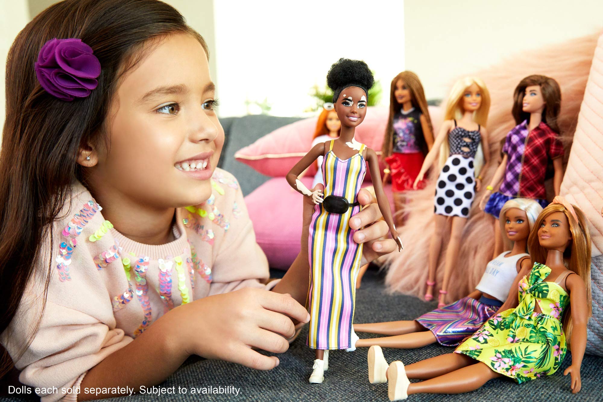 Barbie Fashionistas Doll with Vitiligo and Curly Brunette Hair Wearing Striped Dress and Accessories, for 3 to 8 Year Olds​