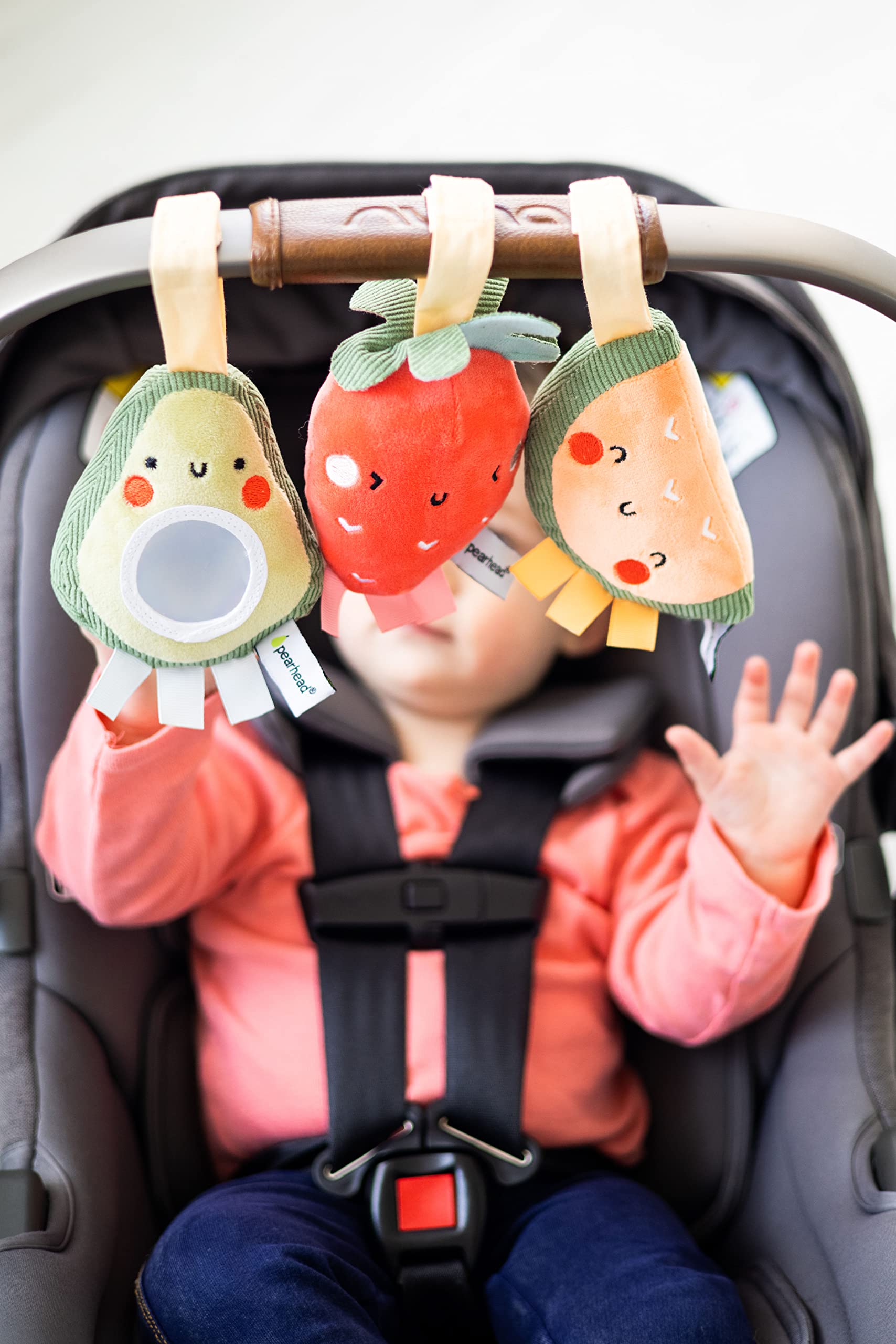 Pearhead Fruit Stroller Toys, Plush Corduroy Baby Travel Car Seat Toy Set, Baby Hanging Interactive Toys, Gender-Neutral Baby Travel Accessories, Strawberry Avocado Watermelon Set of 3