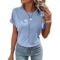 EVALESS Women's Short Sleeve Crewneck Summer Tops Casual Solid Loose Basic T Shirts Tee Blouses Outfits