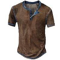 Mens Vintage Distressed Henley Shirts Retro Color Block Short Sleeve Hunting Tee Shirts Casual Collarless Plaid T-Shirt