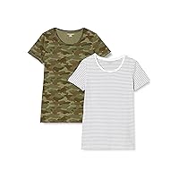 Amazon Essentials Women's Classic-Fit Short-Sleeve Crewneck T-Shirt, Pack of 2, Olive Camo/White Stripe, X-Small