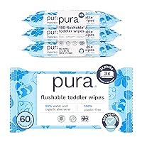 Pura Flushable Toddler Wipes 3 x 60 Wipes (180 Wipes), 100% Plastic Free, 99% Water, Hypoallergenic & Fragrance Free, Totally Chlorine Free, Kids Toilet Wipes, Potty Training