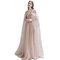 Women's V-Neck Beaded Sequins Tulle Evening Dress with Shawl
