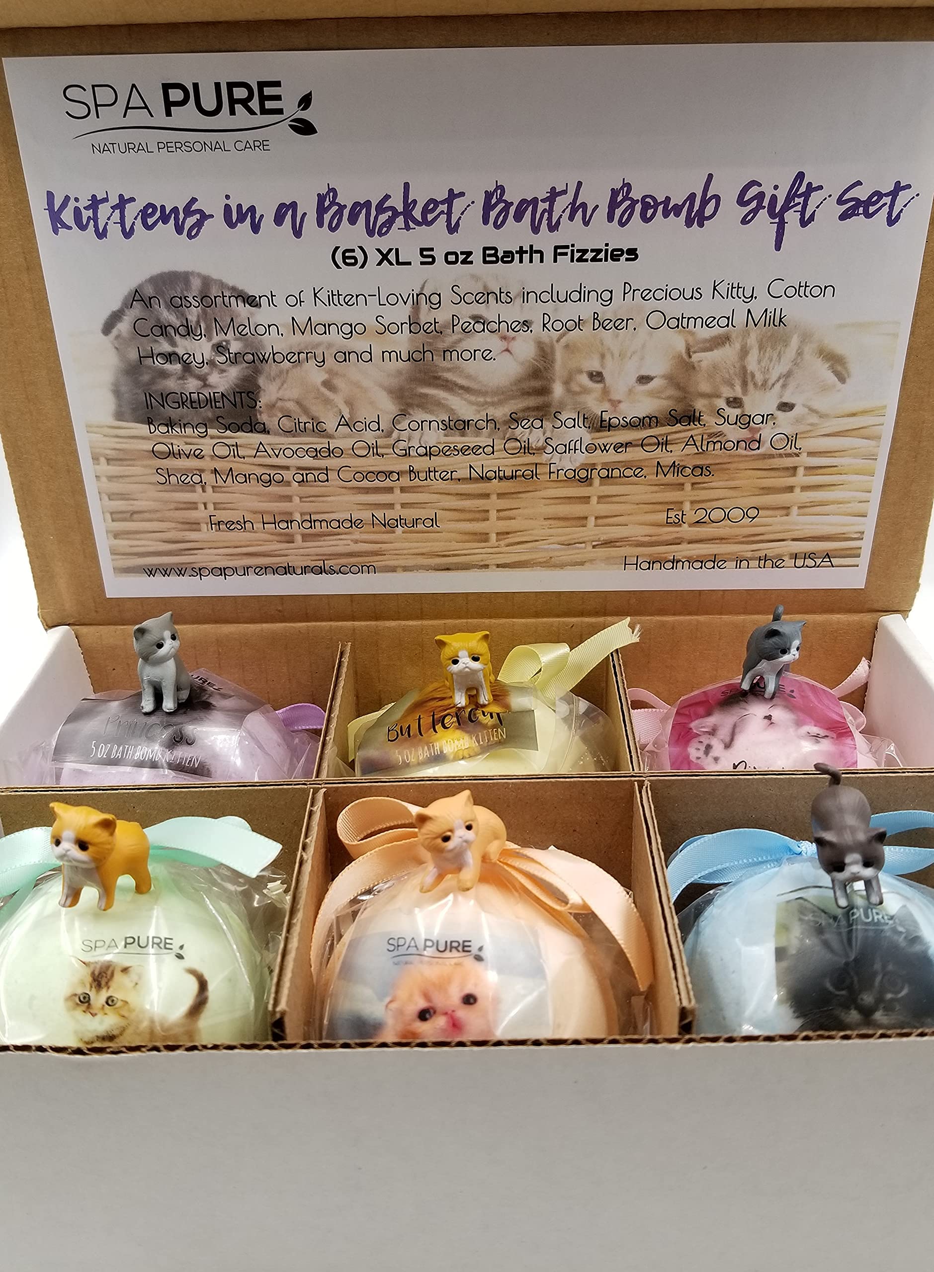 Spa Pure Kittens in Basket: 6 Adorable Kittens Hiding Inside Each Colorful Bath Bomb, XL 5 oz Each (6 Count) Pack of 1, Multicolor