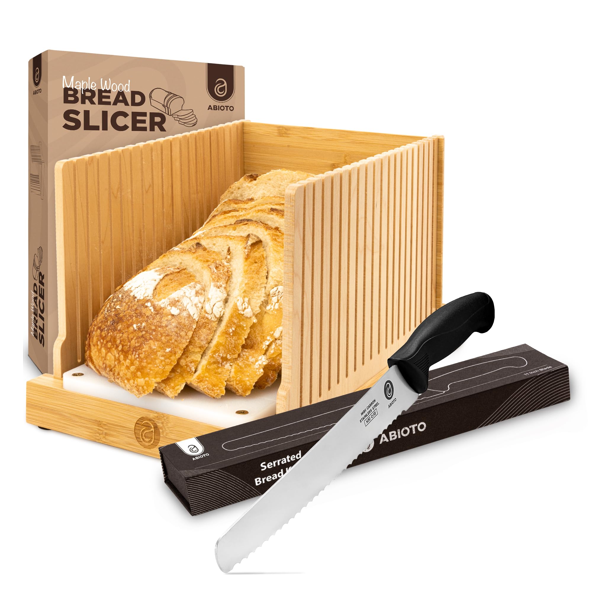 Serrated Bread Knife and Foldable Bread Slicer for Homemade Bread - An Ultimate Bread Slicing Set - No Splinters with HDPE Base and Maple Fingers