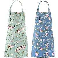 Women Kitchen Apron-2 Pack, Cotton Canvas Flower Apron, Floral Pattern Apron with Pockets for Women Chef Apron(Green&Blue)