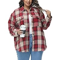 MCEDAR Women's Oversizes Plaid Shacket Jacket Casual Lapel Long Sleeve Button Down Plus Size Flannel Shirt (S-4X)