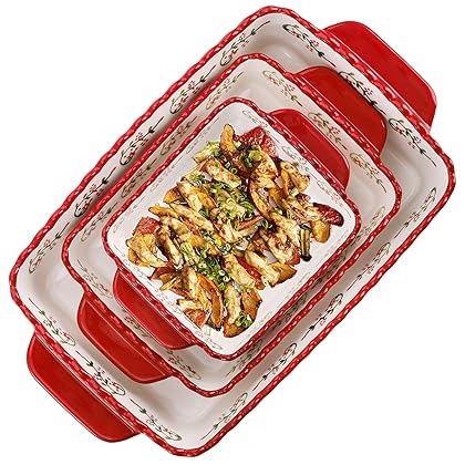 Coloch 3 Pack Ceramic Baking Dishes, Rectanglar Bakeware Set Hand-painted Lasagna Pan Porcelain Serving Bakeware for Pasta, Chicken, Kitchen, Banquet, Microwave and Dishwasher Safe