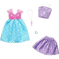 Fashion 2-Pack, Mermaid Dress, Purple Top + Skirt, Pink Seahorse Necklace, and a Blue Bracelet