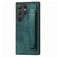 Designed for Samsung Galaxy S24 Ultra Leather Case with Stand & Strap, Wrist Strap Leather Back Cover Case Hard PC Shockproof Finger Grip Case for Galaxy S24 Ultra Men Women Girls, Green