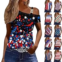 Womens July 4th Tops 2024 Summer Casual American Flag Print T Shirts Asymmetrical Neck Short Sleeve Blouses