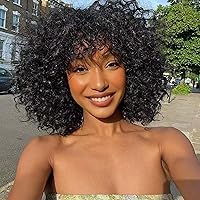 human wigs curly wig with bangs 100% brazilian virgin human hair no lace front wigs human hair wig glueless wig for black women 12 inch natural black