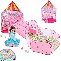 3pc Princess Fairy Tale Kids Play Tent, Cube Crawl Tunnel, Ball Pit for Toddlers, Indoor & Outdoor Playhouse Castle Toys, Baby Boys Girls for 3 4 5 6 7 Years Old (Balls Not Included)