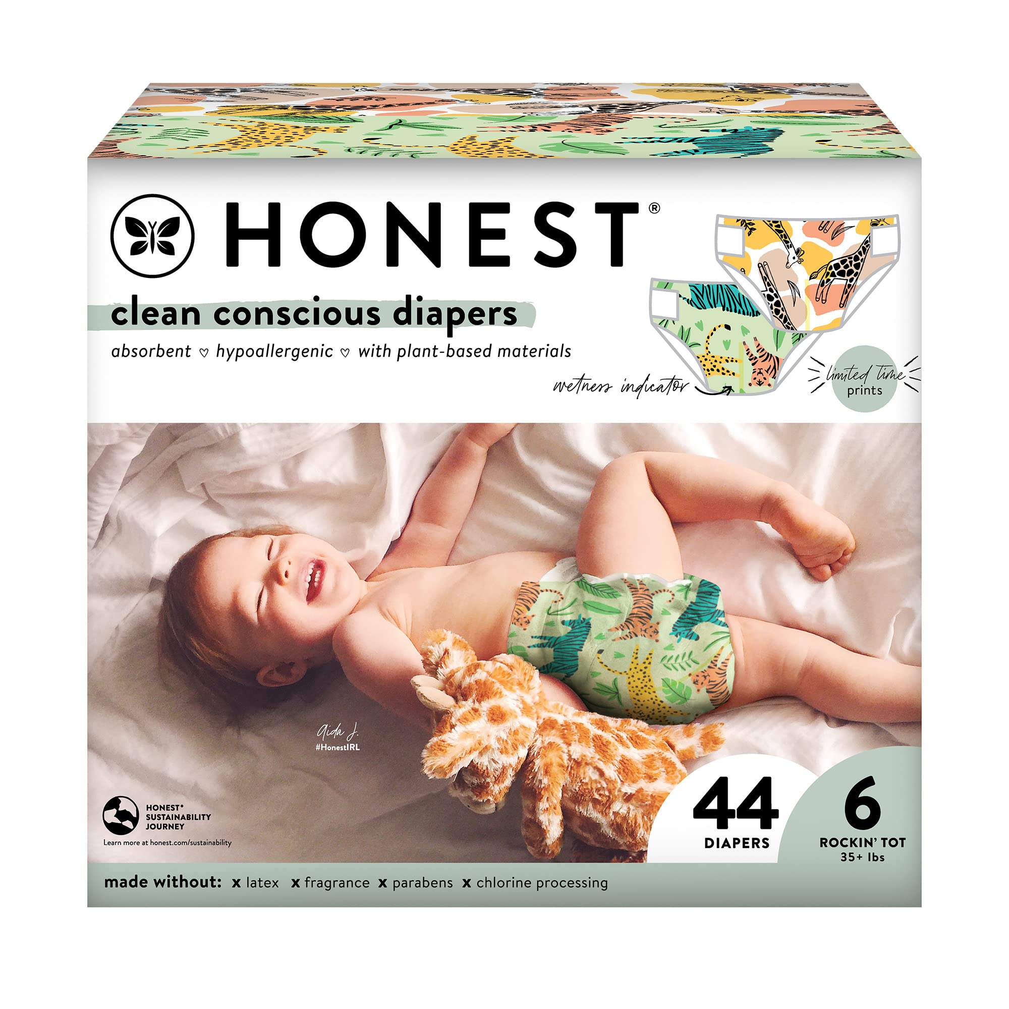 The Honest Company Clean Conscious Diapers | Plant-Based, Sustainable | Stripe Safari & Seeing Spots | Club Box, Size 6 (35+ lbs), 44 Count
