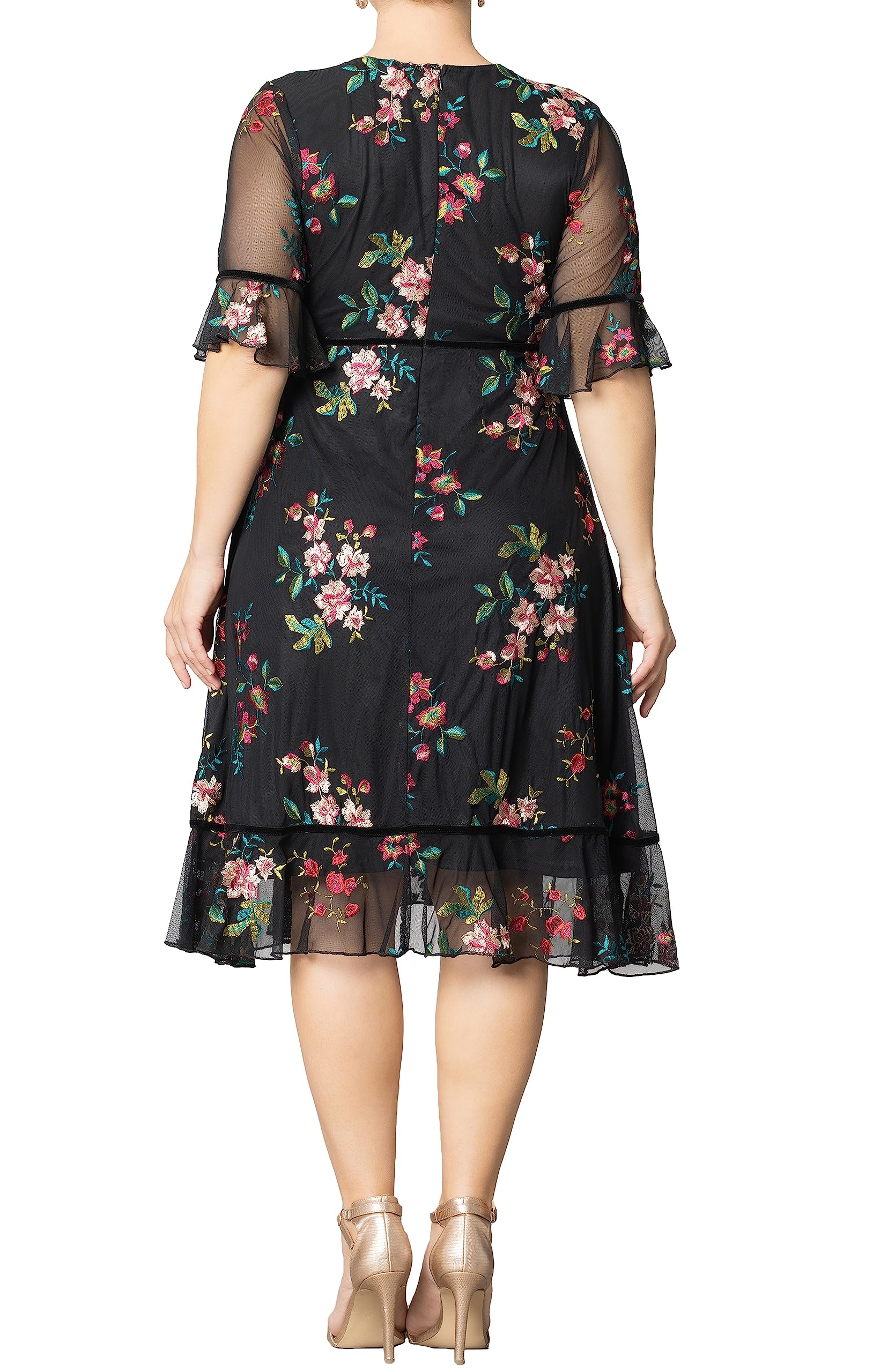 Kiyonna Plus Size Wildflower Midi Embroidered Cocktail Dress | Formal Dress for Party, Wedding Guest, or Special Occasion