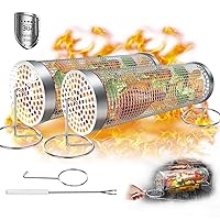 UBeesize Rolling Grill Basket,Grill BBQ 304 Stainless Steel Basket,Round Wire Mesh BBQ Tube, Portable Outdoor Camping Barbecue for Vegetables, French Fries, Meat (2pcs Large:3.6