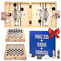 Fast Sling Puck Game XXL - 3 in 1 with Checkers Game and Chess Board - Large Size 24x12in - Wooden Board Games by Zenagame
