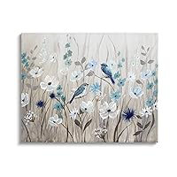 Stupell Industries Birds Floral Meadow Blue White Blossoms, Design by Nan,Beige
