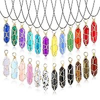 Crystal Necklace Pendant, 24 PCS Hexagonal Crystal Clear Wire Wrap Gemstone Necklaces, Healing Crystal Pointed Quartz Stones Pendant Charms with Chains for Women Girls Friends Gift