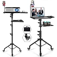 Projector Tripod Stand with Wheels Adjustable Height Laptop Tripod Stand Treadmill Laptop Stand with 2 Shelves Phone Holder Projector Tripod Music Stand Office Home Portable Laptop Floor Stand