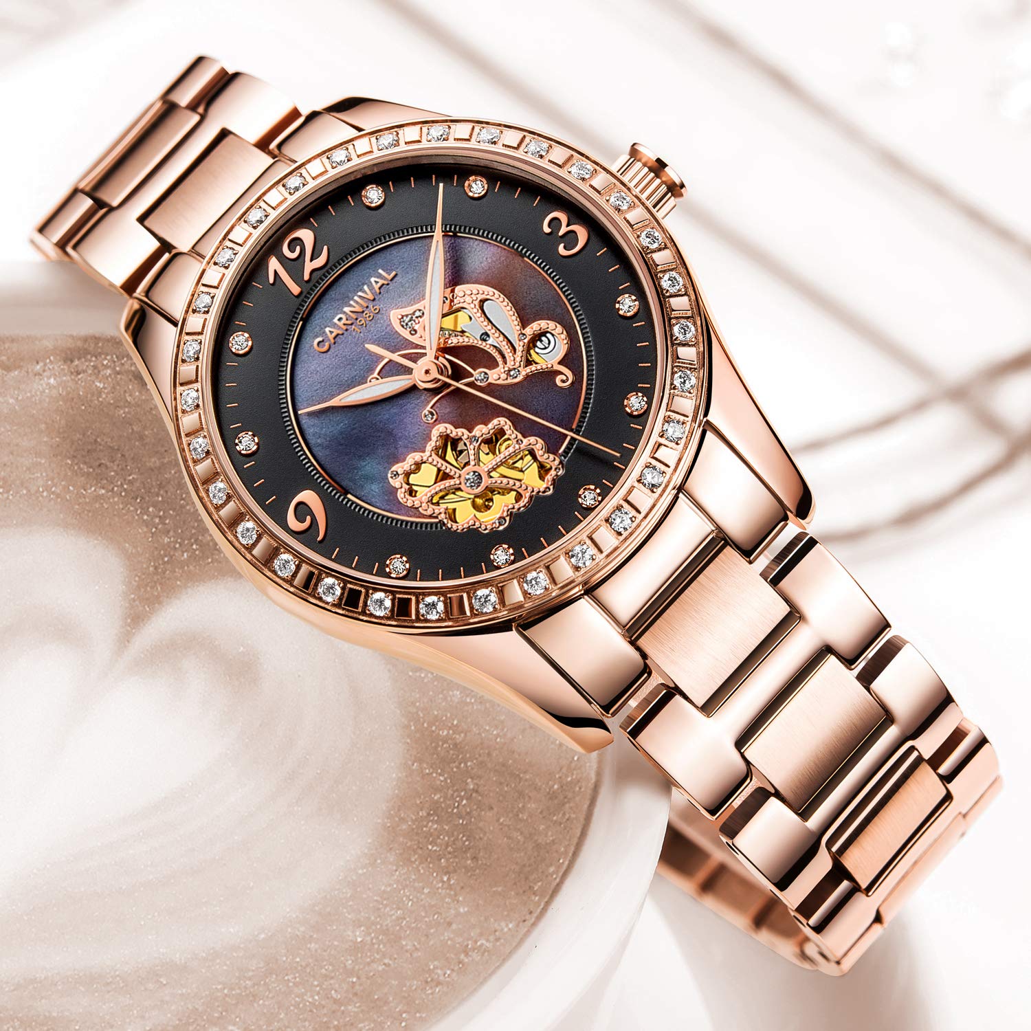 （Carnivalカーニバル）腕時計 自動巻き 機械式 夜光 ダイヤ装飾 レディース ローズゴールド ブラック