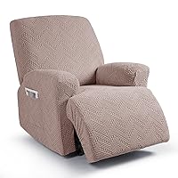 Stretch Recliner Chair Cover 3-Pieces Recliner Covers for Recliner Chair with Pockets Soft Jacquard Reclining Chair Cover Sofa Slipcovers with Elastic Straps Bottom (1 Seater, Khaki)